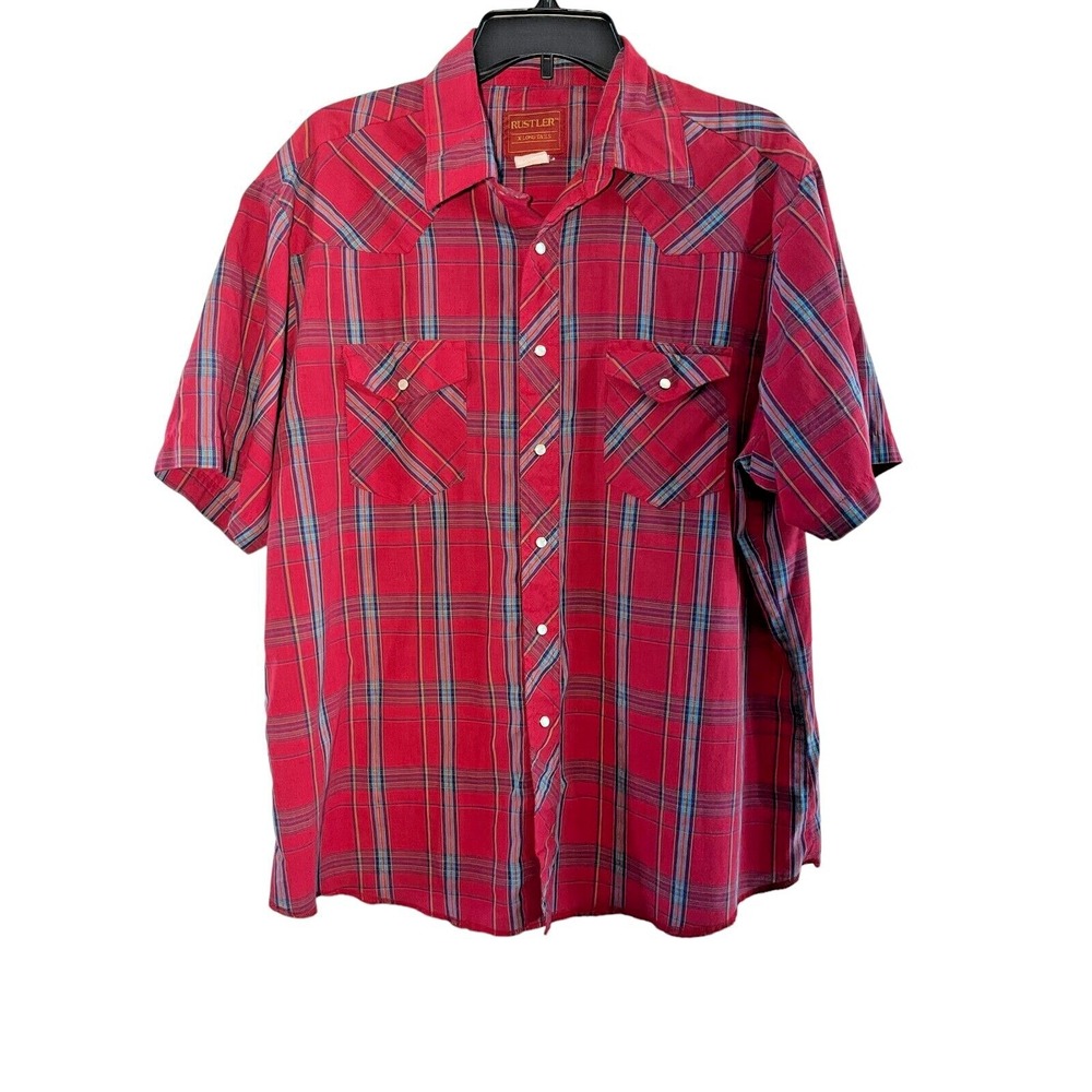 Rustler Men's X-Long Tails‎ Pearl Snap Western Cowboy Short Sleeve Shirt L